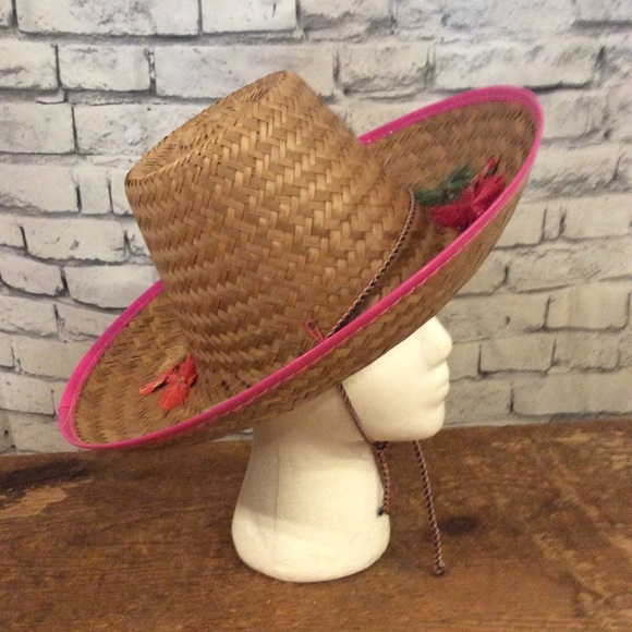 MCM straw tassel Sun hat minimalist garden beach 50s Vintage pink Heirloom chic - Picture 2 of 8